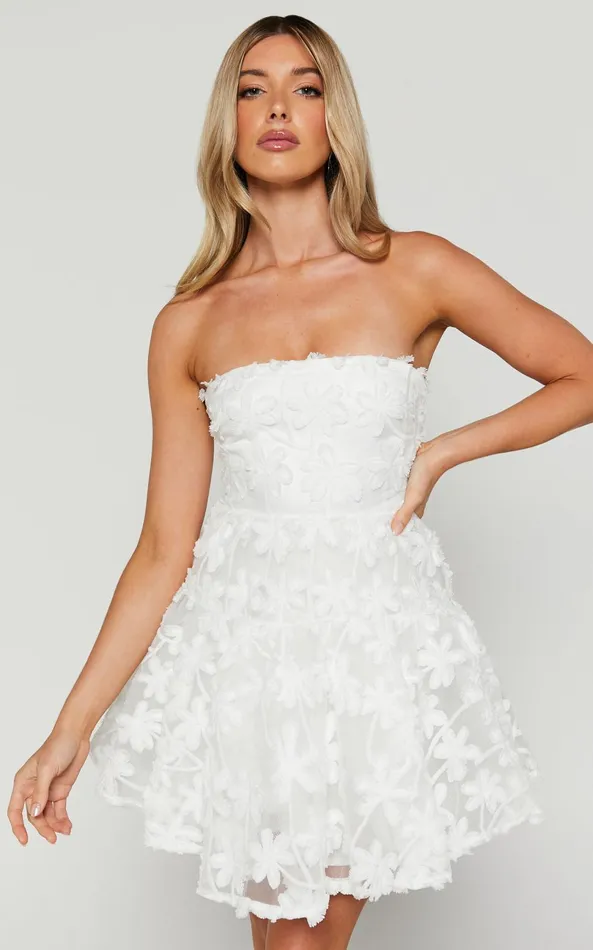 Showpo Rheiva Mini Dress 8211 Strapless 3D Embroidery Dress In White Women Dresses
