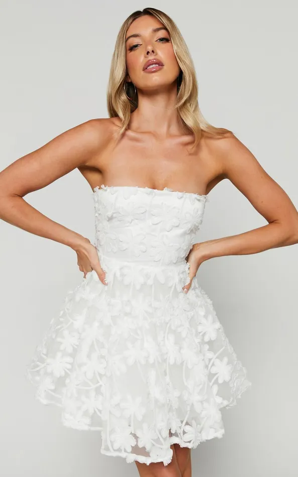 Showpo Rheiva Mini Dress 8211 Strapless 3D Embroidery Dress In White Women Dresses