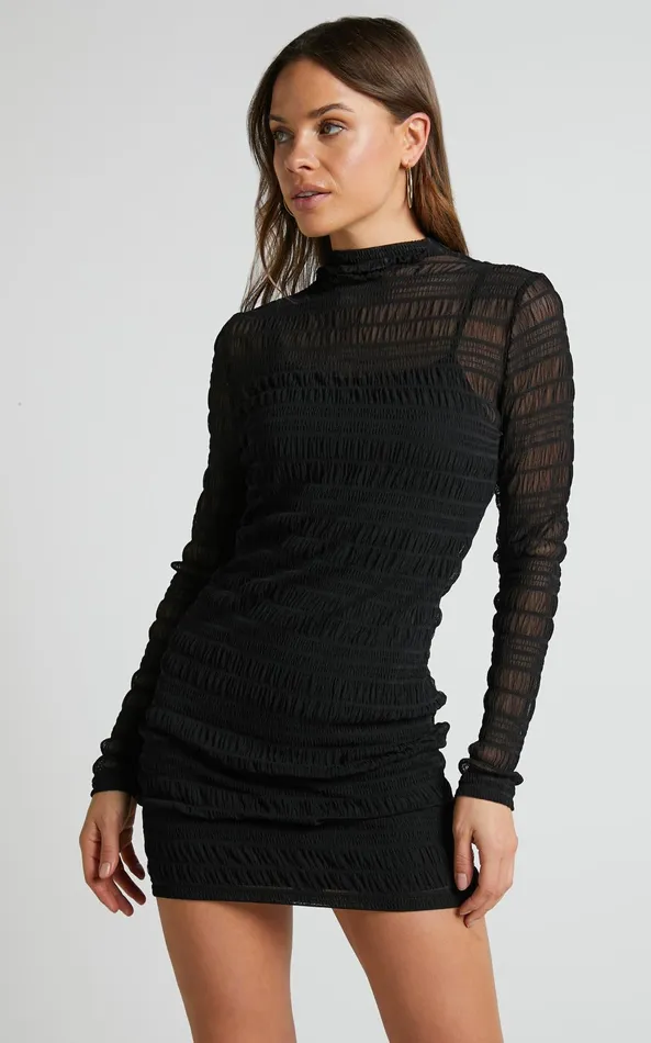 Showpo Rhialyn Mini Dress 8211 Long Sleeve Sheer Dress In Black Women Curve Clothes Showpo Rhialyn Mini Dress 8211 Long Sleeve Sheer Dress In Black Women Curve Clothes