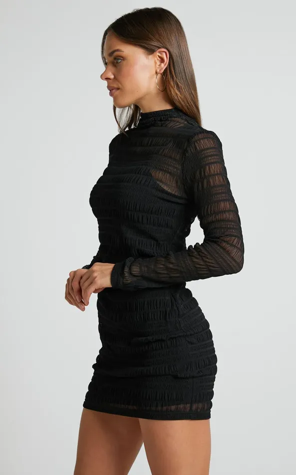 Showpo Rhialyn Mini Dress 8211 Long Sleeve Sheer Dress In Black Women Curve Clothes