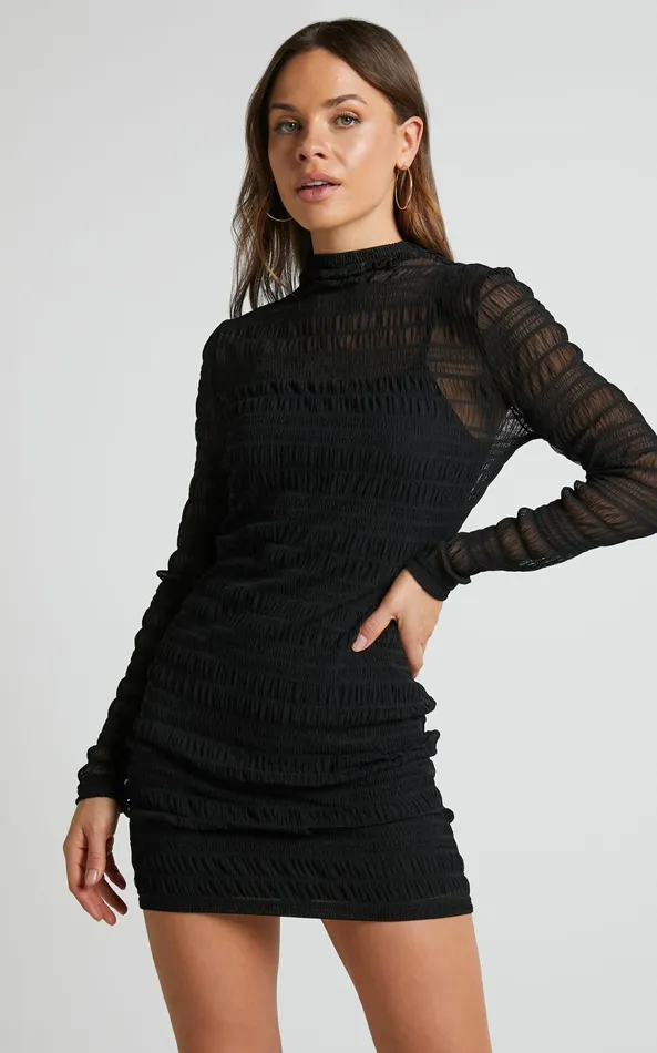 Showpo Rhialyn Mini Dress 8211 Long Sleeve Sheer Dress In Black Women Curve Clothes