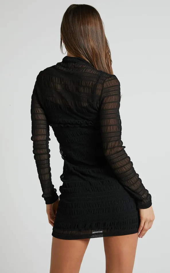 Showpo Rhialyn Mini Dress 8211 Long Sleeve Sheer Dress In Black Women Curve Clothes