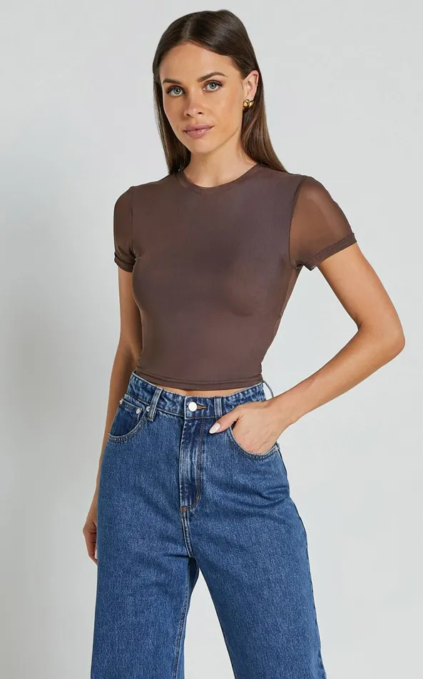 Showpo Rhianna Top 8211 Short Sleeve Mesh Crop Top In Brown Women Tops