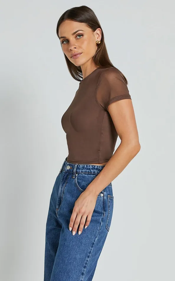 Showpo Rhianna Top 8211 Short Sleeve Mesh Crop Top In Brown Women Tops