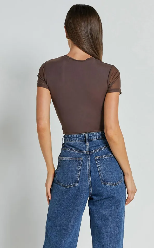 Showpo Rhianna Top 8211 Short Sleeve Mesh Crop Top In Brown Women Tops