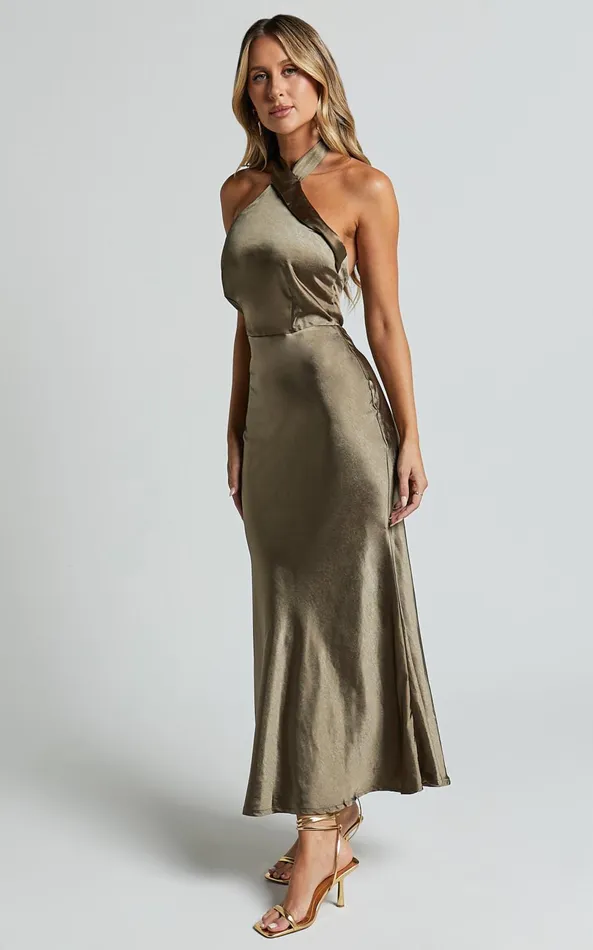 Showpo Rhianne Midi Dress 8211 Twist Halter Neck Open Back Satin Dress In Olive Women Dresses
