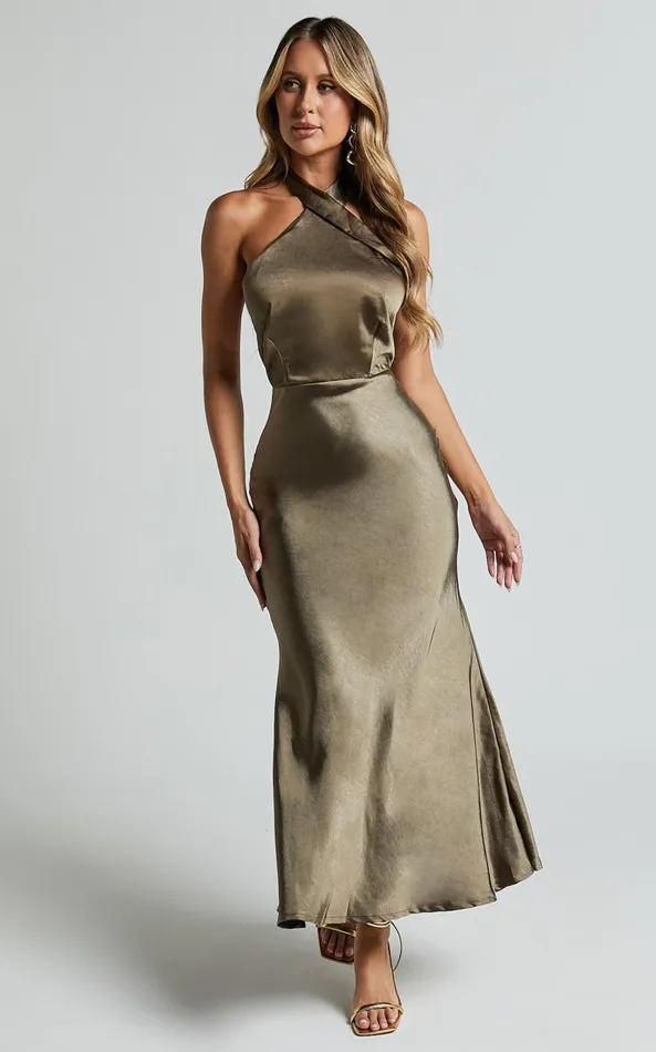 Showpo Rhianne Midi Dress 8211 Twist Halter Neck Open Back Satin Dress In Olive Women Dresses