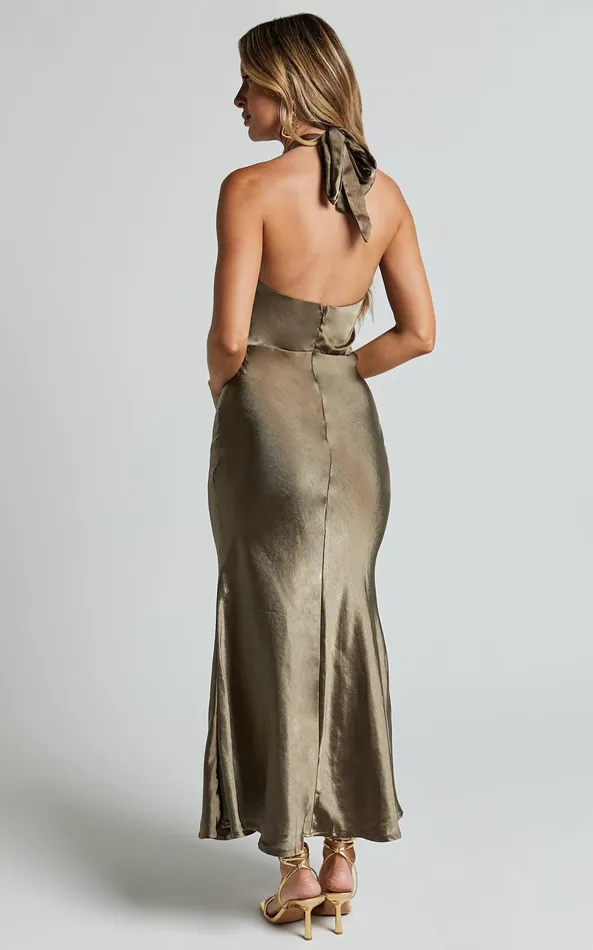 Showpo Rhianne Midi Dress 8211 Twist Halter Neck Open Back Satin Dress In Olive Women Dresses