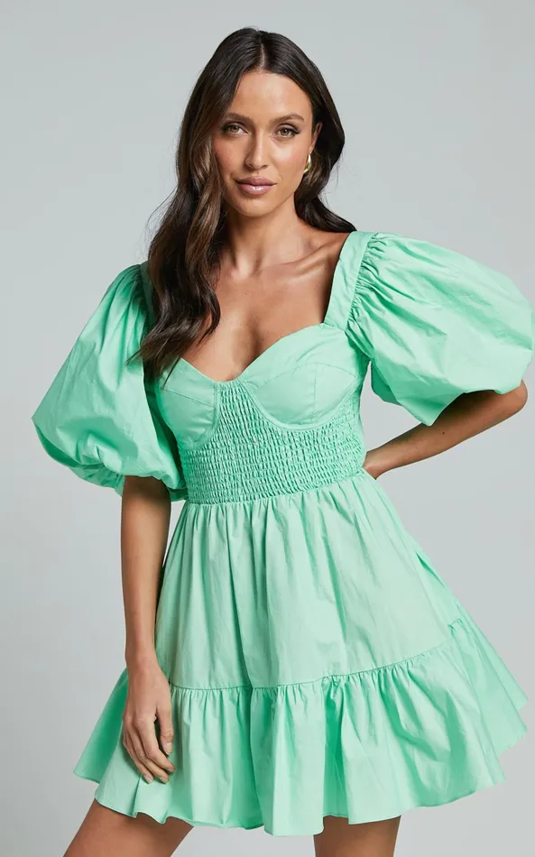 Showpo Rhiza Mini Dress 8211 Sweetheart Puff Sleeve Flare Dress In Mint Women Dresses