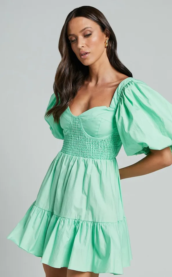 Showpo Rhiza Mini Dress 8211 Sweetheart Puff Sleeve Flare Dress In Mint Women Dresses