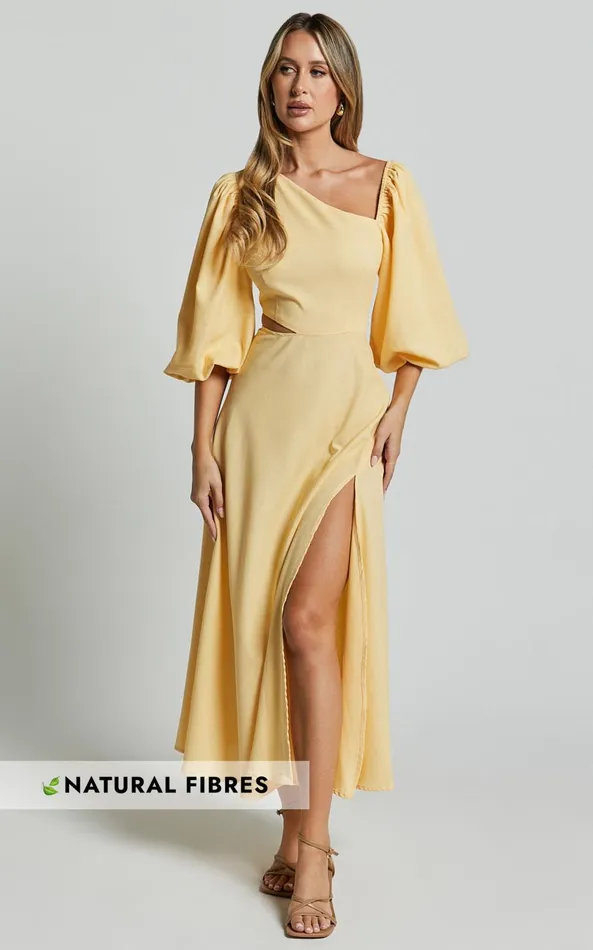 Showpo Rhyne Midi Dress 8211 Asymmetric Puff Sleeve Side Cut Out A Line Dress In Lemon Women Dresses Showpo Rhyne Midi Dress 8211 Asymmetric Puff Sleeve Side Cut Out A Line Dress In Lemon Women Dresses