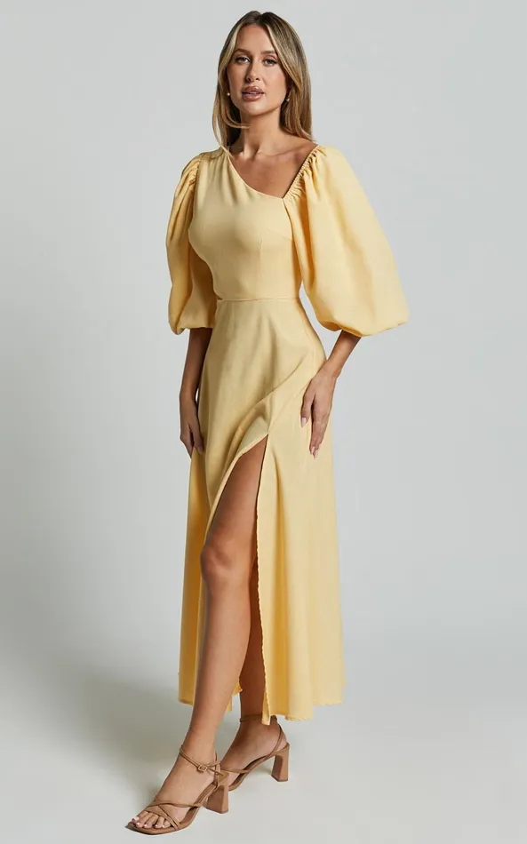 Showpo Rhyne Midi Dress 8211 Asymmetric Puff Sleeve Side Cut Out A Line Dress In Lemon Women Dresses
