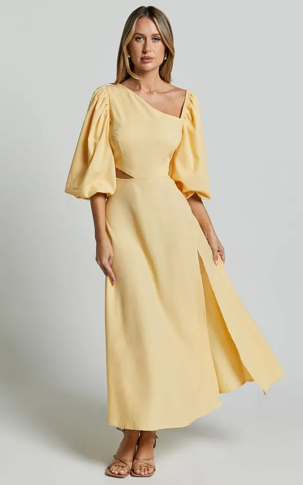 Showpo Rhyne Midi Dress 8211 Asymmetric Puff Sleeve Side Cut Out A Line Dress In Lemon Women Dresses