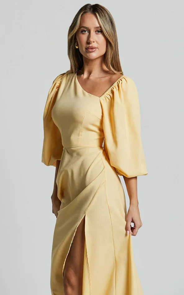 Showpo Rhyne Midi Dress 8211 Asymmetric Puff Sleeve Side Cut Out A Line Dress In Lemon Women Dresses
