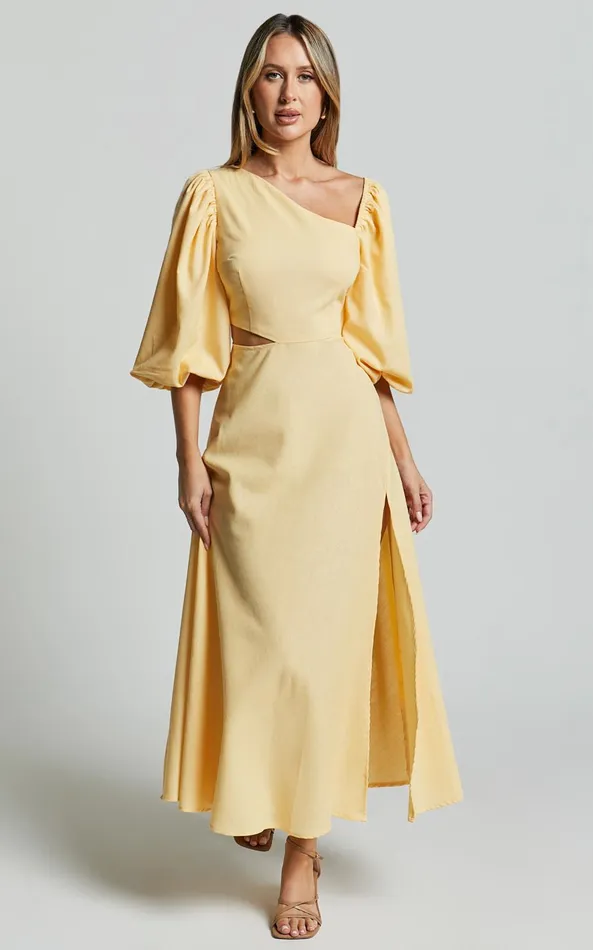 Showpo Rhyne Midi Dress 8211 Asymmetric Puff Sleeve Side Cut Out A Line Dress In Lemon Women Dresses