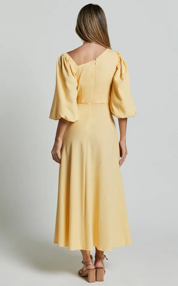 Showpo Rhyne Midi Dress 8211 Asymmetric Puff Sleeve Side Cut Out A Line Dress In Lemon Women Dresses