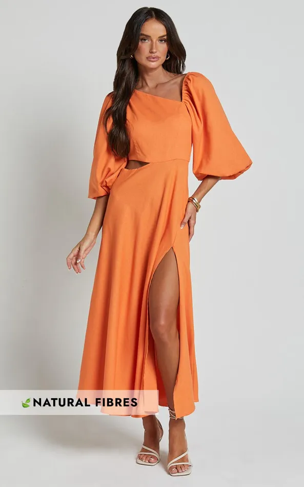 Showpo Rhyne Midi Dress 8211 Asymmetric Puff Sleeve Side Cut Out A Line Dress In Papaya Women Dresses Showpo Rhyne Midi Dress 8211 Asymmetric Puff Sleeve Side Cut Out A Line Dress In Papaya Women Dresses