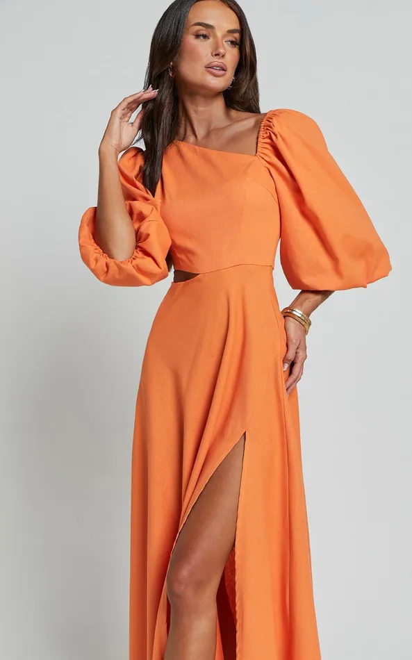 Showpo Rhyne Midi Dress 8211 Asymmetric Puff Sleeve Side Cut Out A Line Dress In Papaya Women Dresses