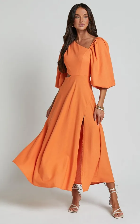 Showpo Rhyne Midi Dress 8211 Asymmetric Puff Sleeve Side Cut Out A Line Dress In Papaya Women Dresses