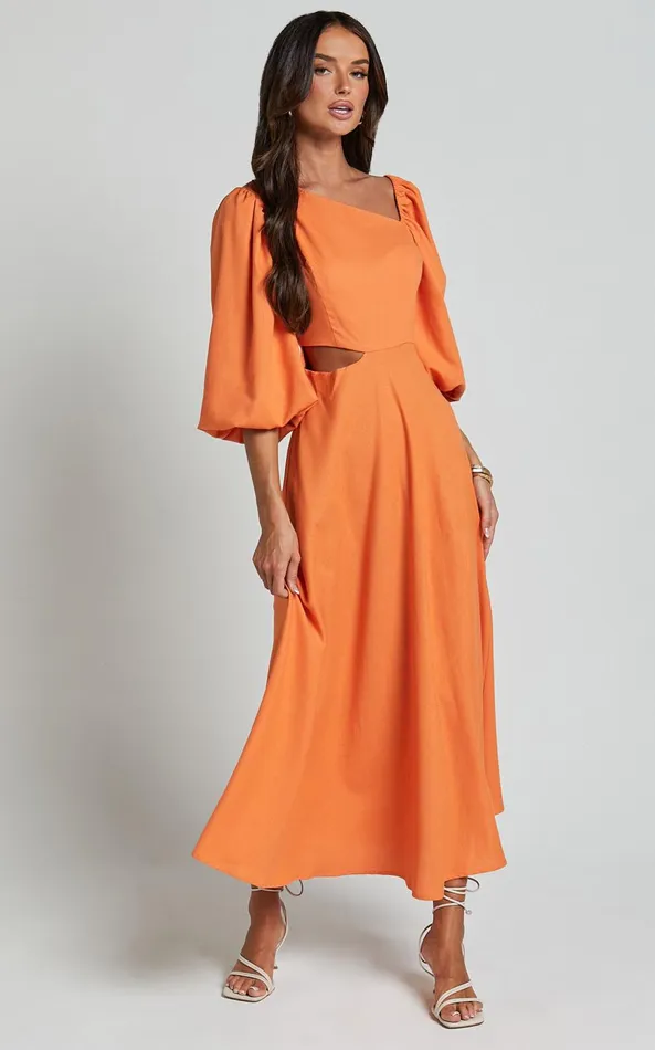 Showpo Rhyne Midi Dress 8211 Asymmetric Puff Sleeve Side Cut Out A Line Dress In Papaya Women Dresses