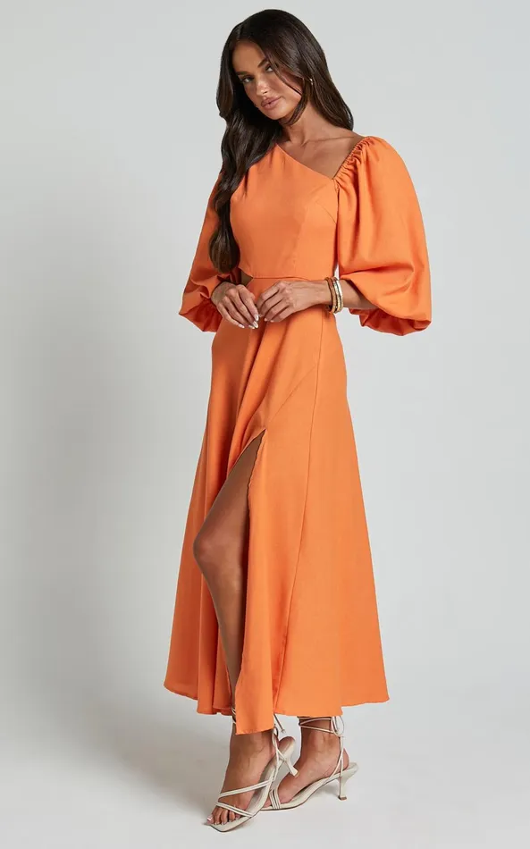Showpo Rhyne Midi Dress 8211 Asymmetric Puff Sleeve Side Cut Out A Line Dress In Papaya Women Dresses