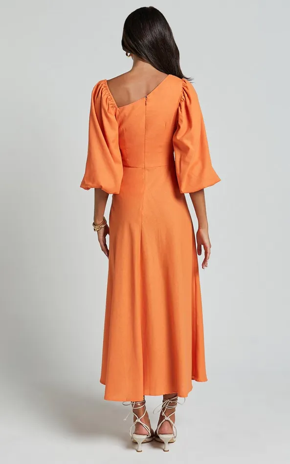 Showpo Rhyne Midi Dress 8211 Asymmetric Puff Sleeve Side Cut Out A Line Dress In Papaya Women Dresses
