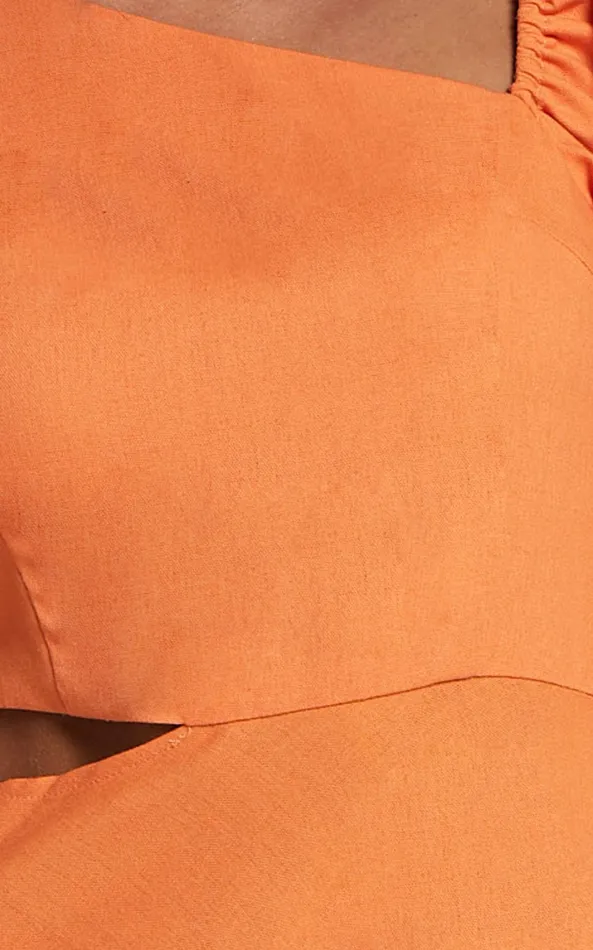 Showpo Rhyne Midi Dress 8211 Asymmetric Puff Sleeve Side Cut Out A Line Dress In Papaya Women Dresses