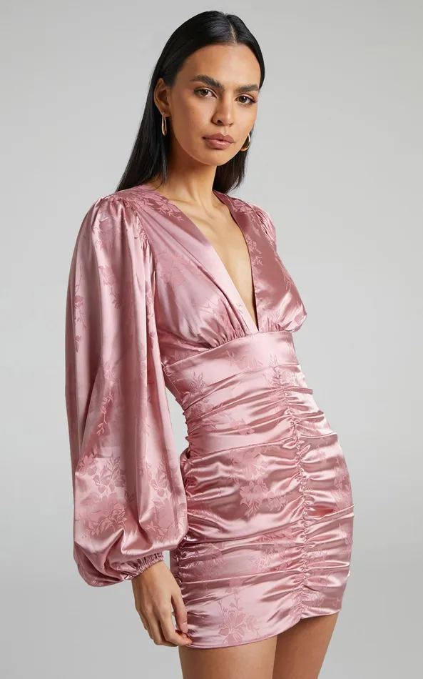 Showpo Richmond Mini Dress 8211 Long Sleeve Ruched Dress In Dusty Pink Women Dresses