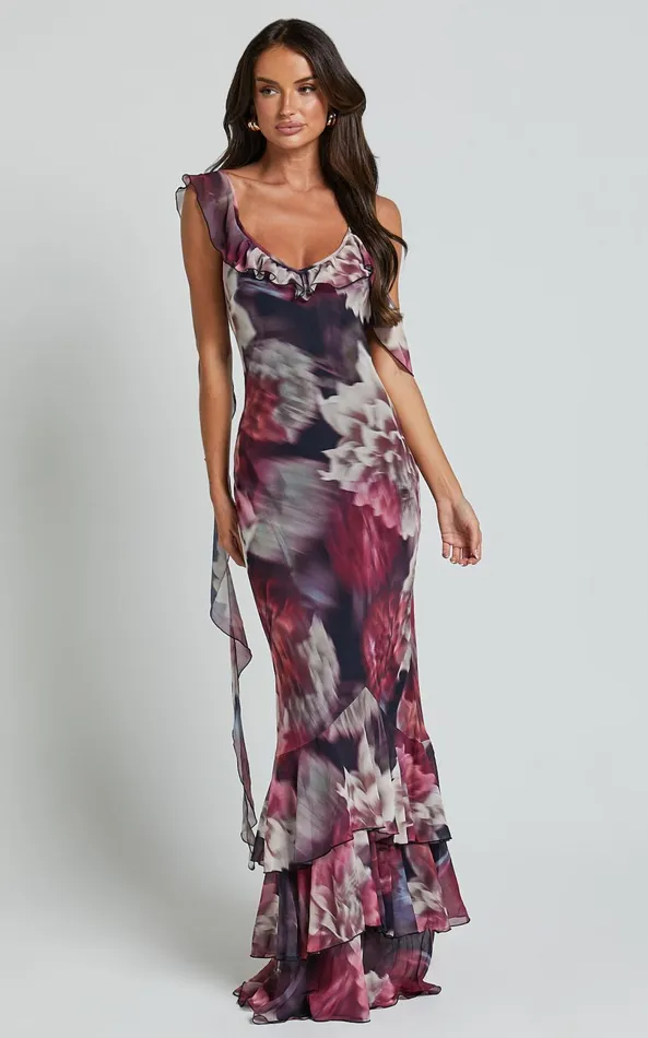 Showpo Riley Maxi Dress 8211 Asymmetric Ruffle Detail Maxi Dress In Mariache Rose Women Dresses