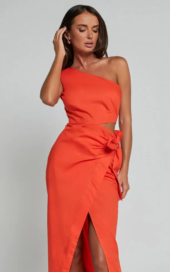 Showpo Rina Midi Dress 8211 One Shoulder Side Cut Out Wrap Dress In Orange Women Dresses