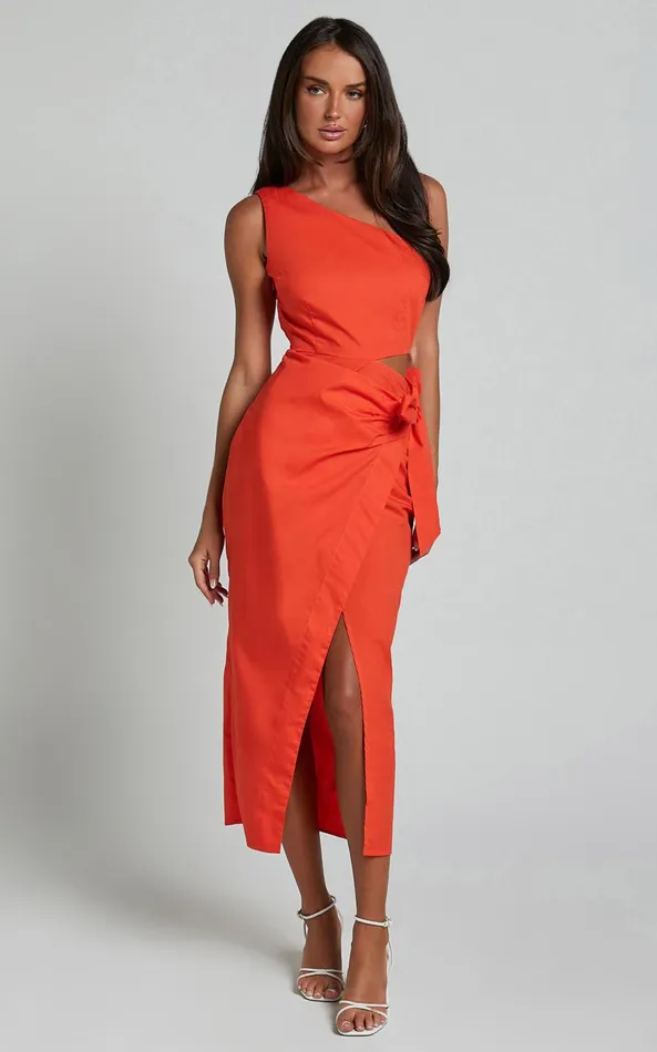 Showpo Rina Midi Dress 8211 One Shoulder Side Cut Out Wrap Dress In Orange Women Dresses