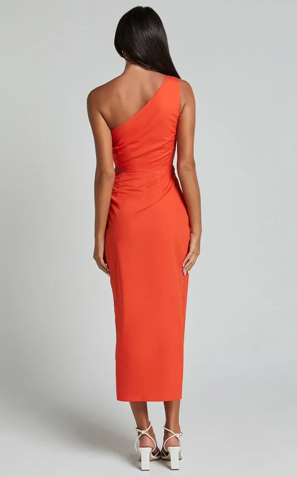 Showpo Rina Midi Dress 8211 One Shoulder Side Cut Out Wrap Dress In Orange Women Dresses