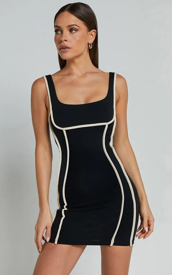 Showpo Risha Mini Dress 8211 Square Neck Contrast Piping Dress In Black Women Dresses