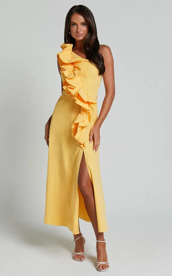 Showpo Rita Midi Dress 8211 One Shoulder Ruffle Detail Dress In Yellow Women Dresses Showpo Rita Midi Dress 8211 One Shoulder Ruffle Detail Dress In Yellow Women Dresses