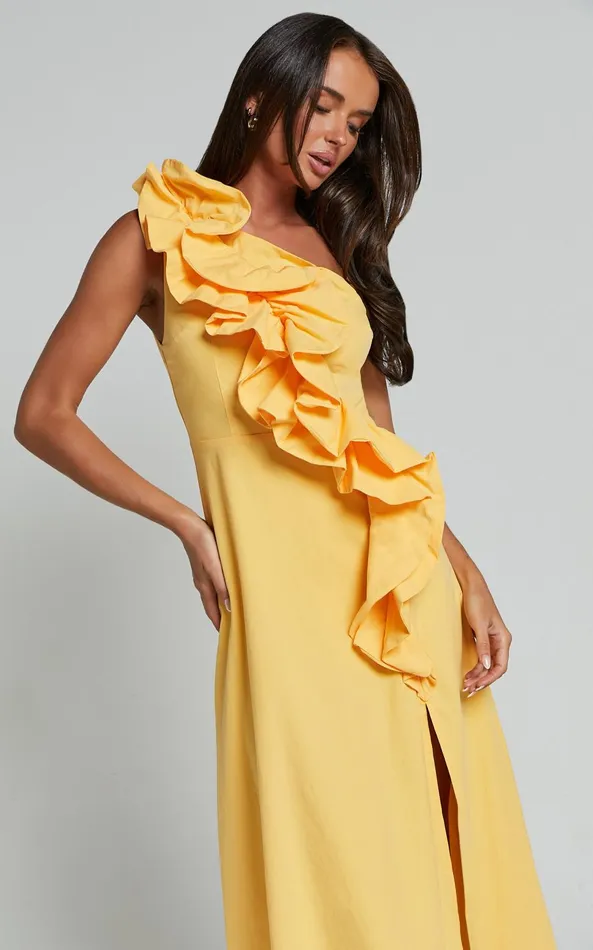 Showpo Rita Midi Dress 8211 One Shoulder Ruffle Detail Dress In Yellow Women Dresses