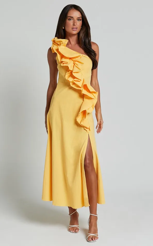Showpo Rita Midi Dress 8211 One Shoulder Ruffle Detail Dress In Yellow Women Dresses
