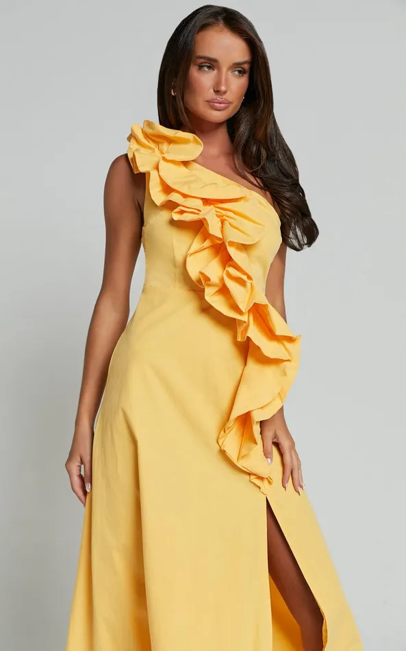 Showpo Rita Midi Dress 8211 One Shoulder Ruffle Detail Dress In Yellow Women Dresses