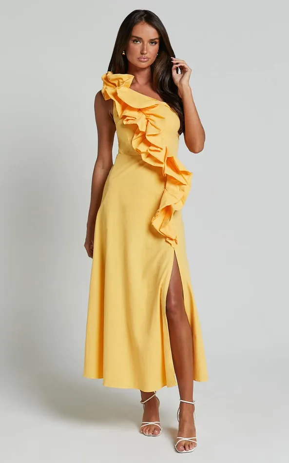 Showpo Rita Midi Dress 8211 One Shoulder Ruffle Detail Dress In Yellow Women Dresses
