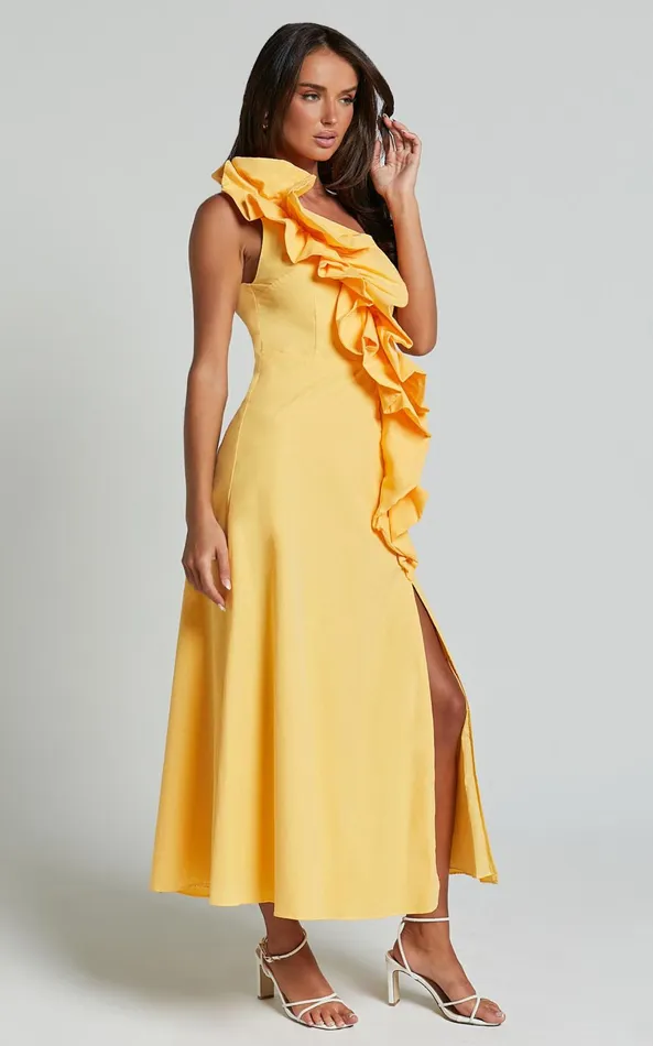 Showpo Rita Midi Dress 8211 One Shoulder Ruffle Detail Dress In Yellow Women Dresses