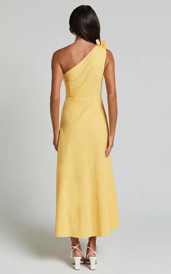 Showpo Rita Midi Dress 8211 One Shoulder Ruffle Detail Dress In Yellow Women Dresses