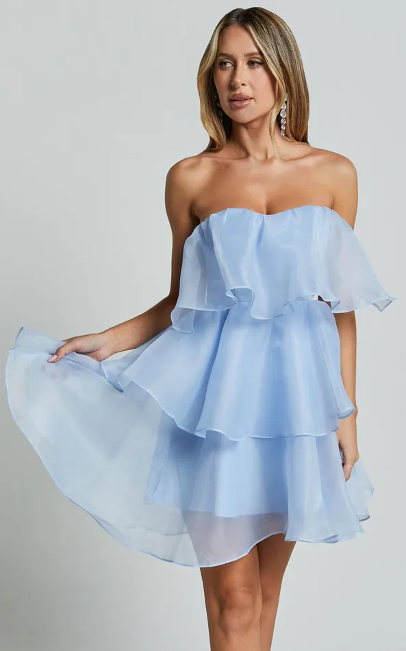 Showpo Ritta Mini Dress 8211 Strapless Layered Dress In Soft Blue Women Dresses