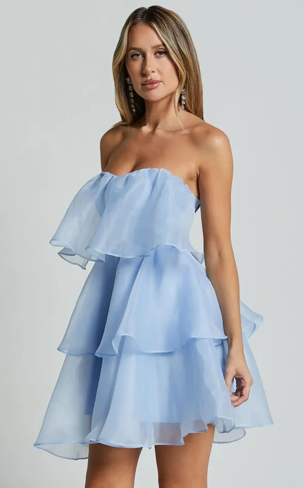 Showpo Ritta Mini Dress 8211 Strapless Layered Dress In Soft Blue Women Dresses