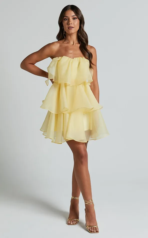 Showpo Ritta Mini Dress 8211 Strapless Layered Dress In Yellow Women Dresses