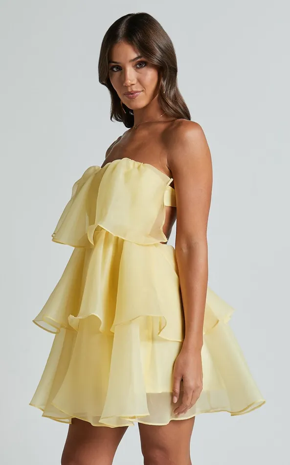 Showpo Ritta Mini Dress 8211 Strapless Layered Dress In Yellow Women Dresses