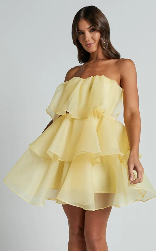 Showpo Ritta Mini Dress 8211 Strapless Layered Dress In Yellow Women Dresses