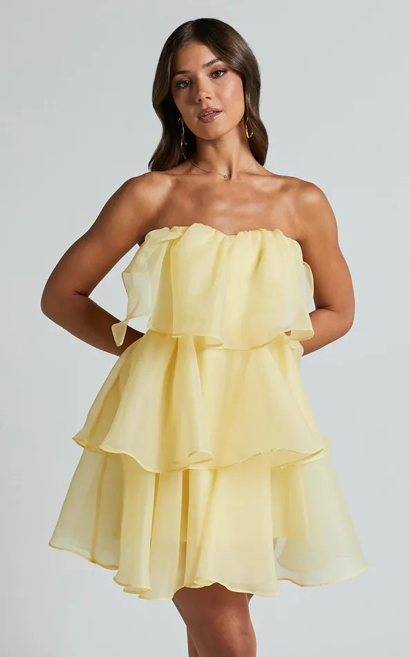 Showpo Ritta Mini Dress 8211 Strapless Layered Dress In Yellow Women Dresses