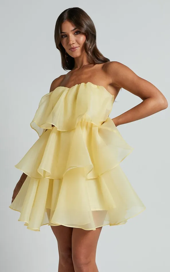 Showpo Ritta Mini Dress 8211 Strapless Layered Dress In Yellow Women Dresses