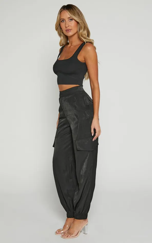 Showpo Robbie Pants 8211 High Waisted Cuffed Ankle Cargo Pants In Black Women Curve Clothes