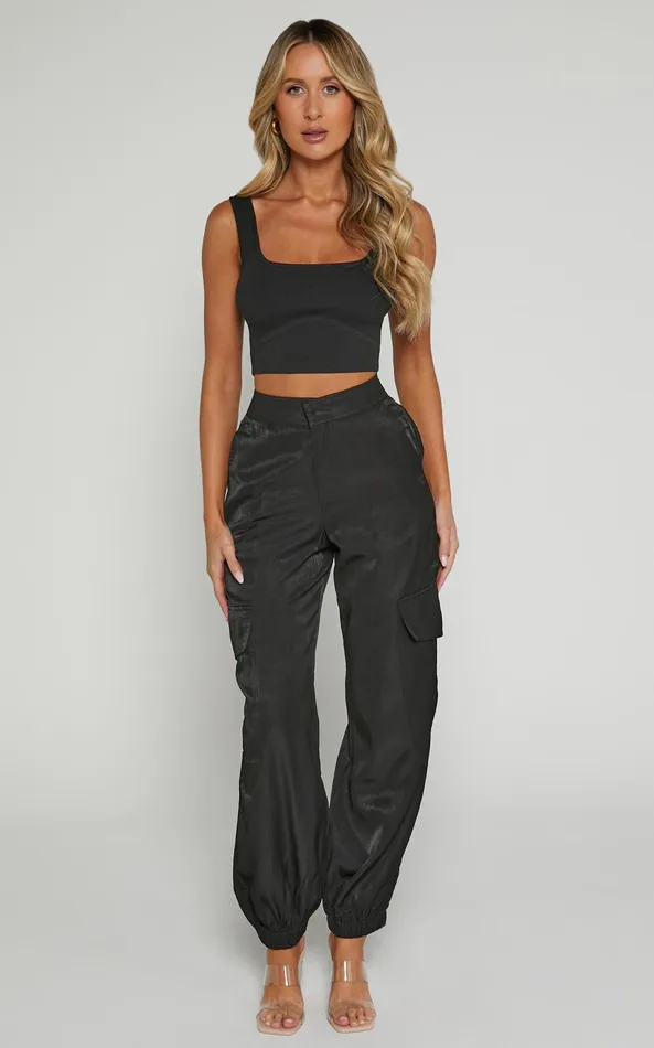 Showpo Robbie Pants 8211 High Waisted Cuffed Ankle Cargo Pants In Black Women Curve Clothes