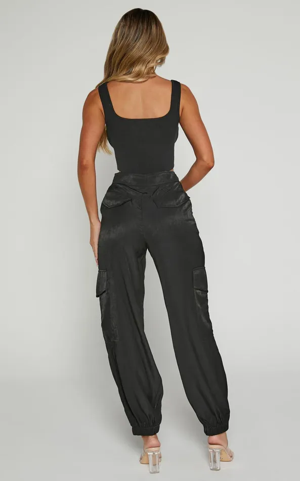 Showpo Robbie Pants 8211 High Waisted Cuffed Ankle Cargo Pants In Black Women Curve Clothes